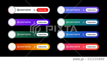 Lower third for social media. Bar with a button and a text title. Use for channels, podcasts and television. Pack of vector gradient templates on a black background. 111131850