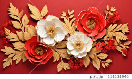 3d paper cut background. Abstract flowers in Chinese style. Concept for Lunar New Year holiday. 111131946