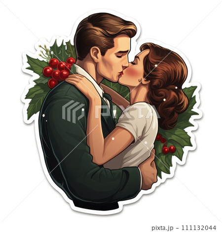 Kiss under the mistletoe, Christmas tradition. Cute couple kissing. In style of die-cut sticker. Retro style. Kiss under the mistletoe, Christmas tradition. Cute couple kissing. In style of die-cut sticker. Retro style. 111132044