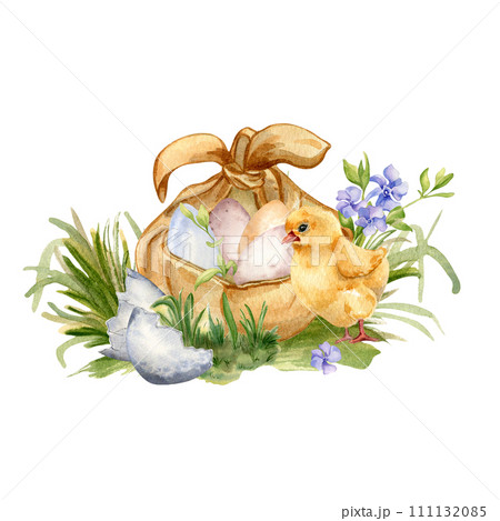 Easter watercolor illustration with eggs in bundle of fabric isolated on white. Egg shell and chick on grass hand painted for Easter design in neutral color. First blue spring flowers and little bird 111132085