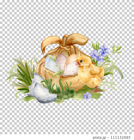 Easter watercolor illustration with eggs in bundle of fabric isolated on white. Egg shell and chick on grass hand painted for Easter design in neutral color. First blue spring flowers and little bird 111132085