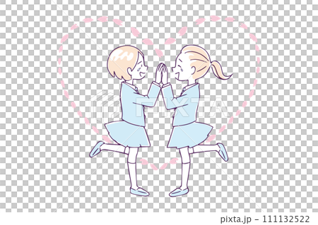 喜び合う学生の女の子たちと桜のハート 喜び合う学生の女の子たちと桜のハート 111132522