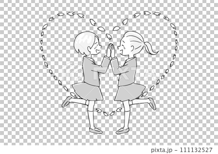 喜び合う学生の女の子たちと桜のハート 111132527