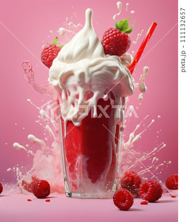 Tasty raspberry milkshake topped with cream, with splashes. 111132657