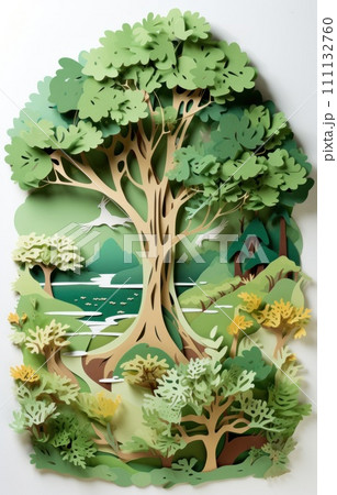 Arbor day holiday - a holiday celebrating trees. Style of 3d paper cut out. Beautiful nature landscape. 111132760