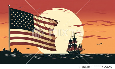 Happy Columbus day - american national holiday. Flag of USA and sailing ship caravel Santa Maria. Vintage style. Happy Columbus day - american national holiday. Flag of USA and sailing ship caravel Santa Maria. Vintage style. 111132825