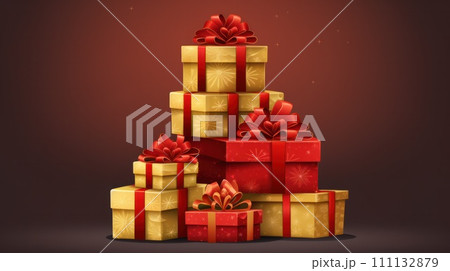 Stack of Christmas gift boxes. Holiday celebration concept. On beautiful defocused bokeh background with copyspace for your text. Red and gold colored. 111132879
