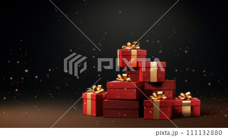 Stack of Christmas gift boxes. Holiday celebration concept. On beautiful defocused bokeh background with copyspace for your text. Red and gold colored. 111132880