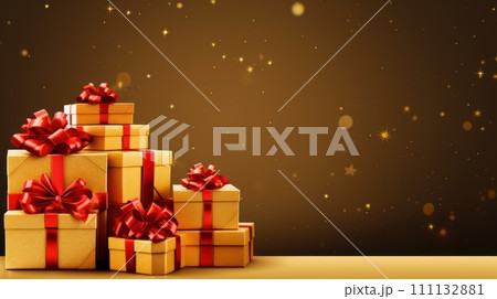 Stack of Christmas gift boxes. Holiday celebration concept. On beautiful defocused bokeh background with copyspace for your text. Red and gold colored. 111132881