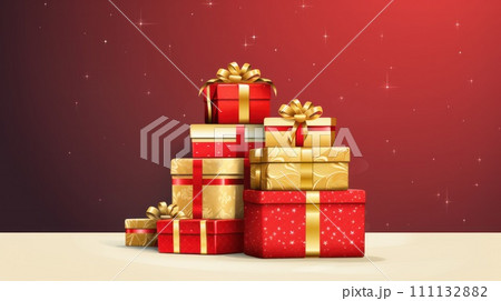 Stack of Christmas gift boxes. Holiday celebration concept. On beautiful defocused bokeh background with copyspace for your text. Red and gold colored. 111132882