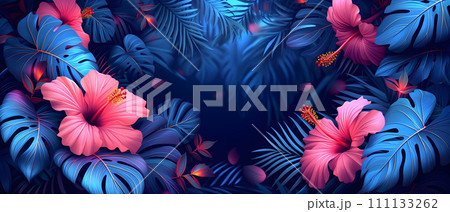 Floral arrangement with monstera leaves, hibiscus flowers and tropical plants on a dark blue background. Floral arrangement with monstera leaves, hibiscus flowers and tropical plants on a dark blue background. 111133262