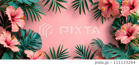 Floral arrangement with pink hibiscus flowers and tropical leaves on pink background. Floral arrangement with pink hibiscus flowers and tropical leaves on pink background. 111133264