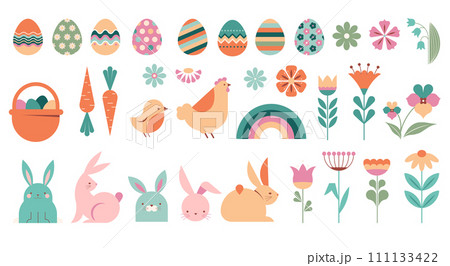 Happy Easter collection of illustrations, icons, symbols and graphic elements. Pastel color set with 111133422