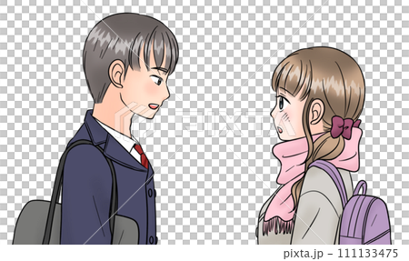 High school boy and high school girl couple looking at each other in a good atmosphere High school boy and high school girl couple looking at each other in a good atmosphere 111133475
