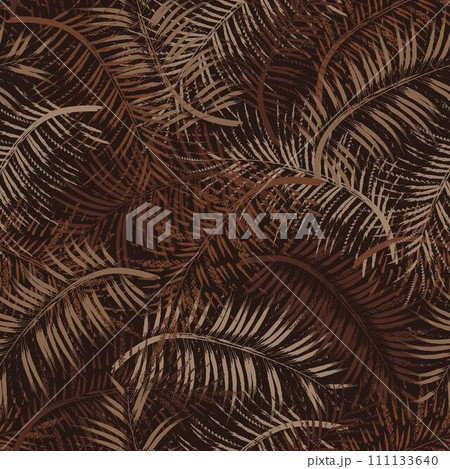 Seamless brown camo pattern with tropical foliage, palm leaves. Paint brush strokes. Grunge abstract style. For apparel, fabric, textile, sport goods. NOT AI Seamless brown camo pattern with tropical foliage, palm leaves. Paint brush strokes. Grunge abstract style. For apparel, fabric, textile, sport goods. NOT AI 111133640