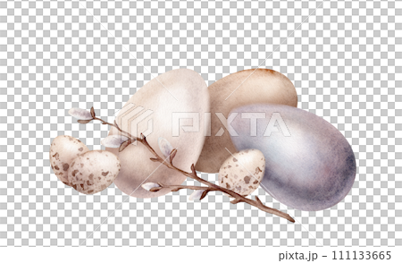 Chicken and quail eggs shell and willow branches. Symbols of Easter celebration. Design for card. Watercolor hand drawn painting illustration isolated on a white background. Minimalistic pastel color 111133665