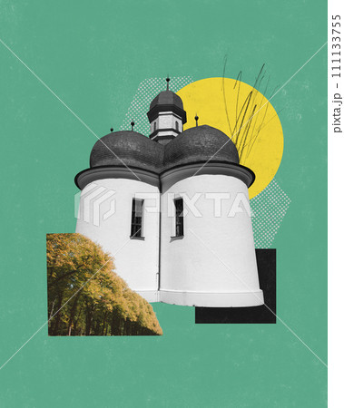 Modern aesthetic artwork. Stark white chapel with onion domes against backdrop of abstract shapes and foliage. Modern aesthetic artwork. Stark white chapel with onion domes against backdrop of abstract shapes and foliage. 111133755