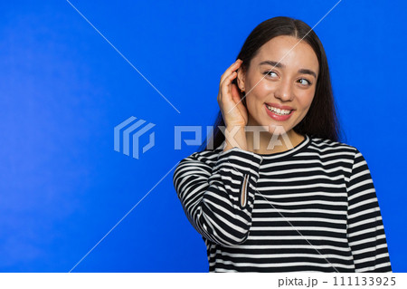 Happy Caucasian young woman smiling looking at camera dreaming, resting, good news feel satisfied 111133925