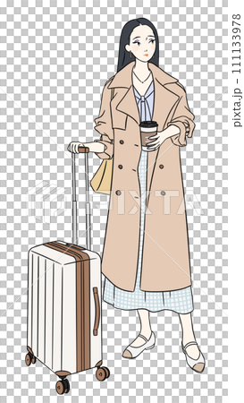 Traveling woman carrying a carry case with coffee in hand Traveling woman carrying a carry case with coffee in hand 111133978