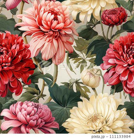 Seamless pattern of Zinnia flowers vintage style, AI generated 111133984