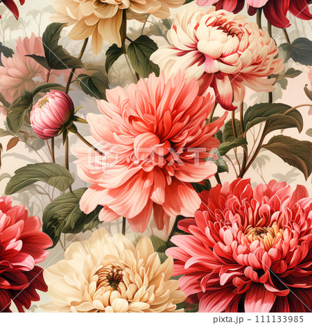 Seamless pattern of Zinnia flowers vintage style, AI generated 111133985