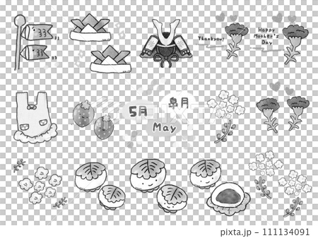 かわいい春のイラスト素材集 5月 白黒 かわいい春のイラスト素材集 5月 白黒 111134091