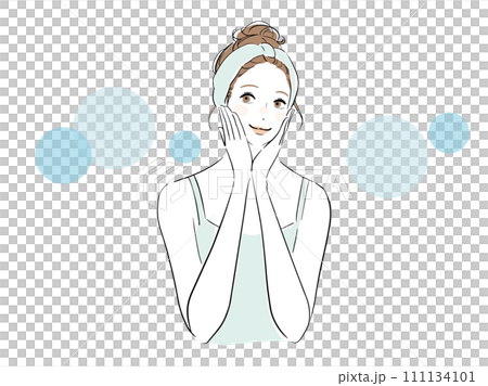 顔の肌を触って笑顔になる女性 111134101