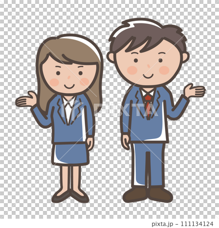 説明、案内をするスーツ姿の男女ビジネスマンのイラスト_紺スーツ 説明、案内をするスーツ姿の男女ビジネスマンのイラスト_紺スーツ 111134124