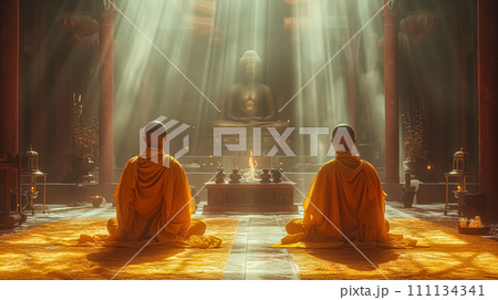 Buddhist monks engaging near serene Buddha statue. Harmony and Serenity Concept. Generative AI. Buddhist monks engaging near serene Buddha statue. Harmony and Serenity Concept. Generative AI. 111134341