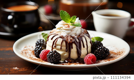 Chocolate panna cotta with whipped cream and fresh berries. 111134394