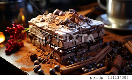 Piece of cake with chocolate glaze on a white plate. Piece of cake with chocolate glaze on a white plate. 111134395