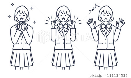 制服を着た女子学生のリアクション。ベクターイラスト素材セット 111134533