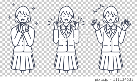制服を着た女子学生のリアクション。ベクターイラスト素材セット 111134533