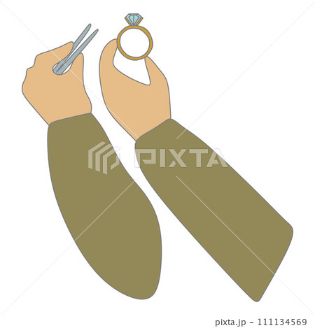 Flat jeweler hands Holding Tweezers and Ring with Big Gemstone. Cartoon Brilliant icon. Jeweler profession. Jeweler day card. Vector illustration isolated on white. Jewelry making concept. 111134569