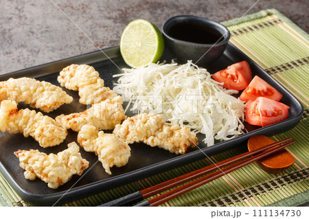 Toriten or chicken tempura a Japanese fried chicken with dipping sauce and cabbage salad closeup on the plate. Horizontal 111134730