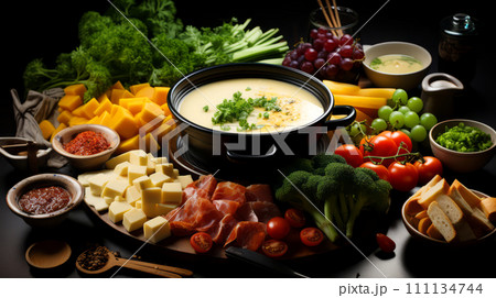 Cheese fondue with assorted cheeses on rustic wooden table. 111134744