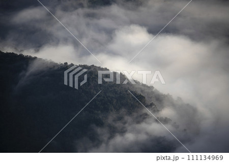 Beautiful morning scenery with Misty Mountain Morning Landscape with Fog and a Beautiful Sunrise Overlooking Hills, Valleys, and a Tranquil Lake, environmental themes Beautiful morning scenery with Misty Mountain Morning Landscape with Fog and a Beautiful Sunrise Overlooking Hills, Valleys, and a Tranquil Lake, environmental themes 111134969