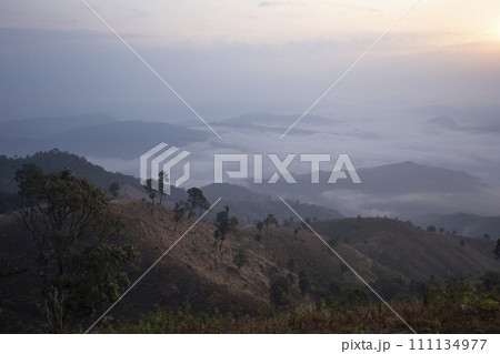 Beautiful morning scenery with Misty Mountain Morning Landscape with Fog and a Beautiful Sunrise Overlooking Hills, Valleys, and a Tranquil Lake, environmental themes 111134977