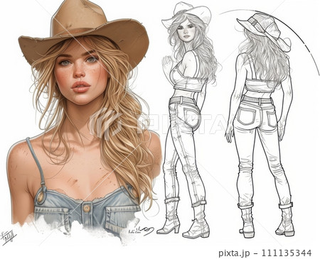 Beautiful Cowgirl illustration, sketch. 111135344