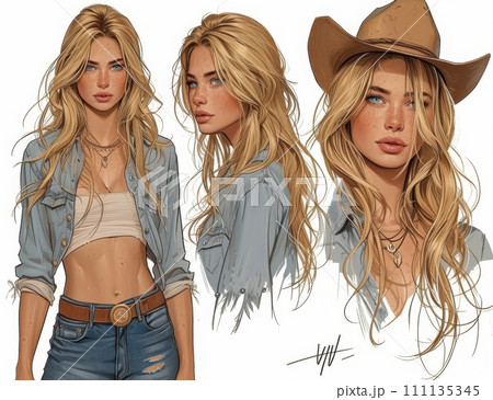 Beautiful Cowgirl illustration, sketch. 111135345