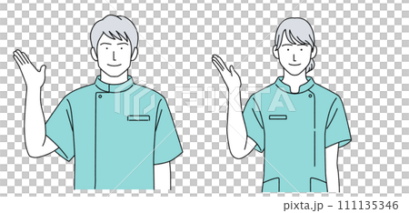 Illustration of a man and a woman wearing Casey medical workers Illustration of a man and a woman wearing Casey medical workers 111135346