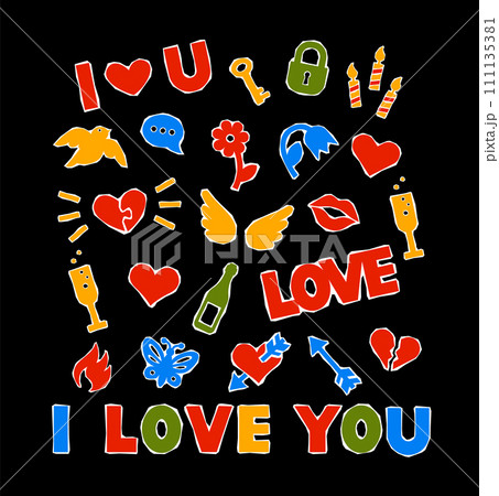Valentines day symbols cut out of colored paper by scissors. Cute simple stickers for scrapbook collage. Romantic love icons such as heart, kiss, flower, champagne, bird, flame and letters I love you 111135381