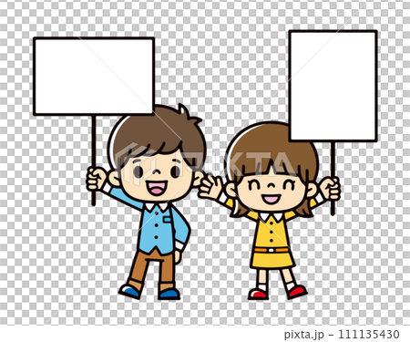 Illustration of a man and woman smiling and holding placards 111135430