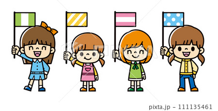 旗を持つかわいい女の子たちのイラスト 111135461