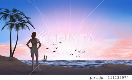水平線に沈む夕日を眺める女性　文字入れ用の背景素材 111135974