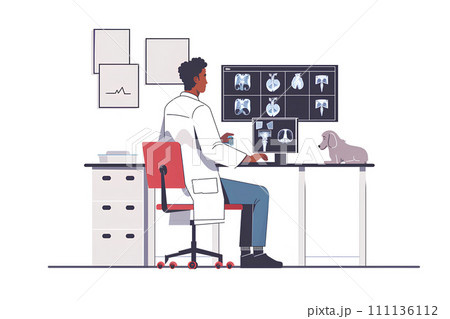診察室でレントゲンを見る獣医さん 診察室でレントゲンを見る獣医さん 111136112