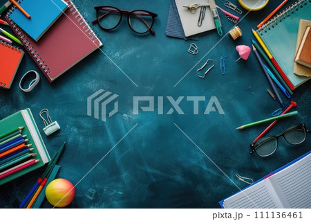 AI-generated content. Top view colorful school supplies on table background. Back to school concept. Generative AI 111136461