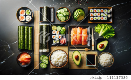 AI-generated content. Sushi rolls set on a black plate. Best for food photography style poster, collage, design. Concept of japanese food, healthy food, freshness seafood. Illustration of tasty lunch 111137386