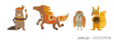 Funny Animal Character with Ethnic Ornament Vector Set Funny Animal Character with Ethnic Ornament Vector Set 111137530