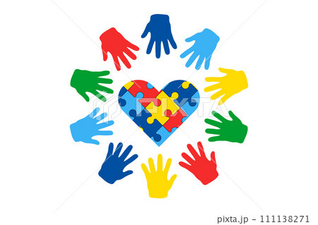 World Autism Awareness Day vector. Puzzle heart and children colored hands around, hand prints palms World Autism Awareness Day vector. Puzzle heart and children colored hands around, hand prints palms 111138271